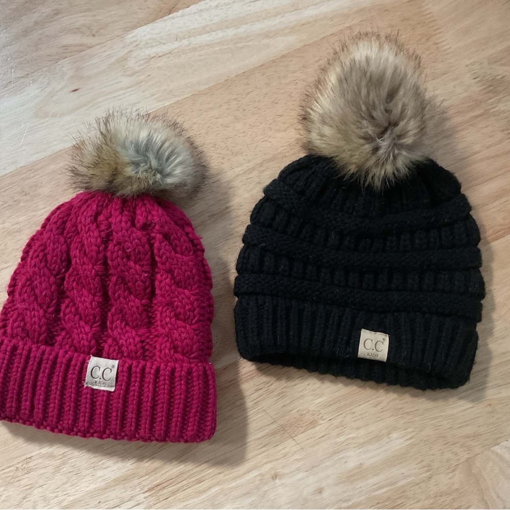 Lot x2 Kids Baby Toddler Soft Stretch Cable Knit Pink Black Pom Pom Beanie Hat